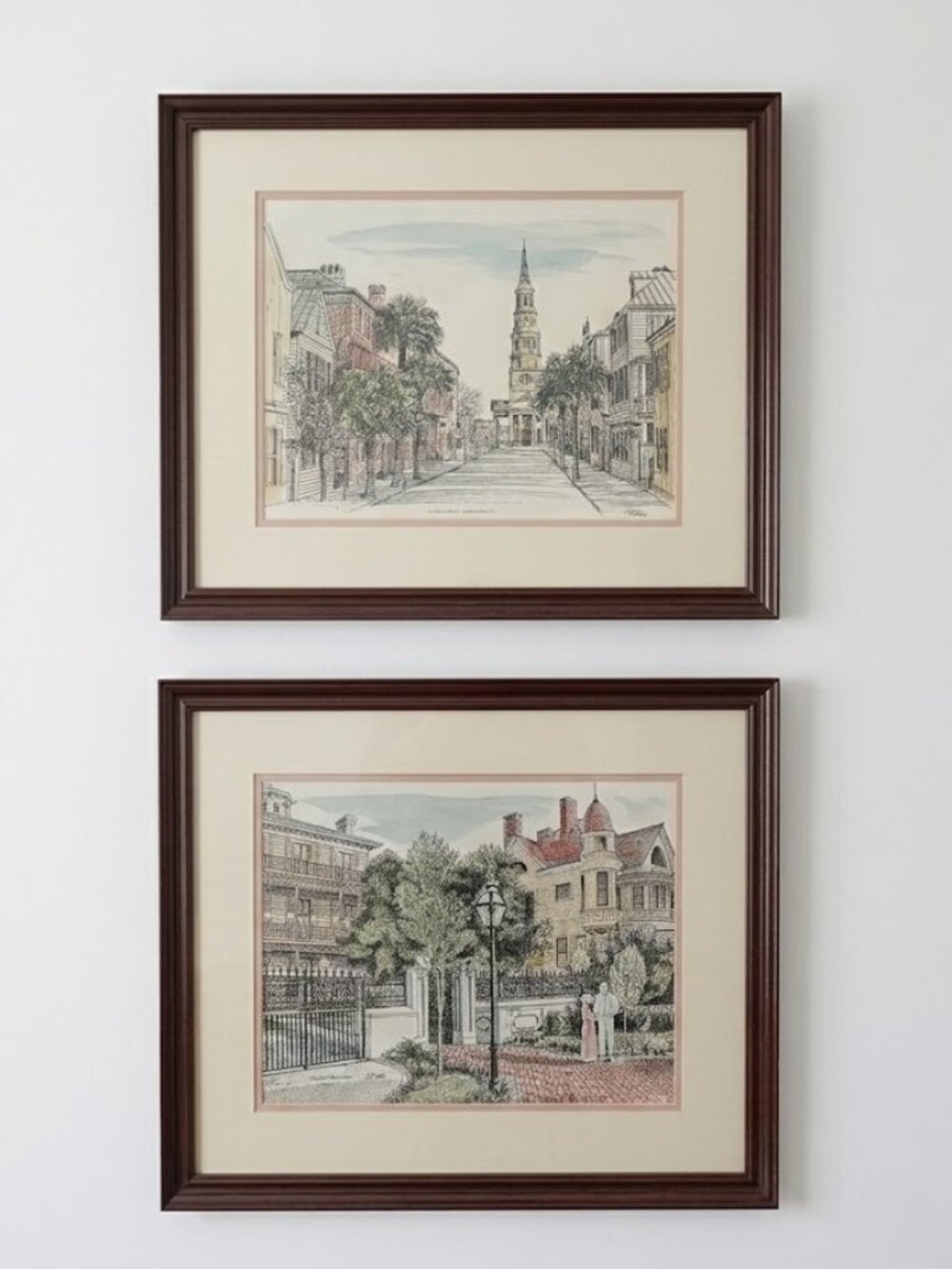 Original Jack Thames Signed Watercolor Pen Drawings Charleston SC Artwork Pair